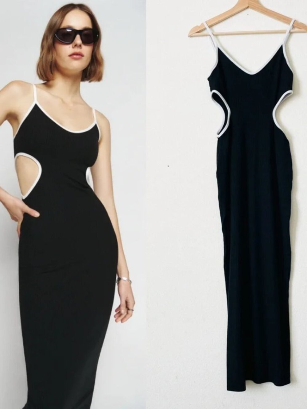 Reformation MEDIUM Lilou black knit ribbed sleeveless cutout midi bodycon dress